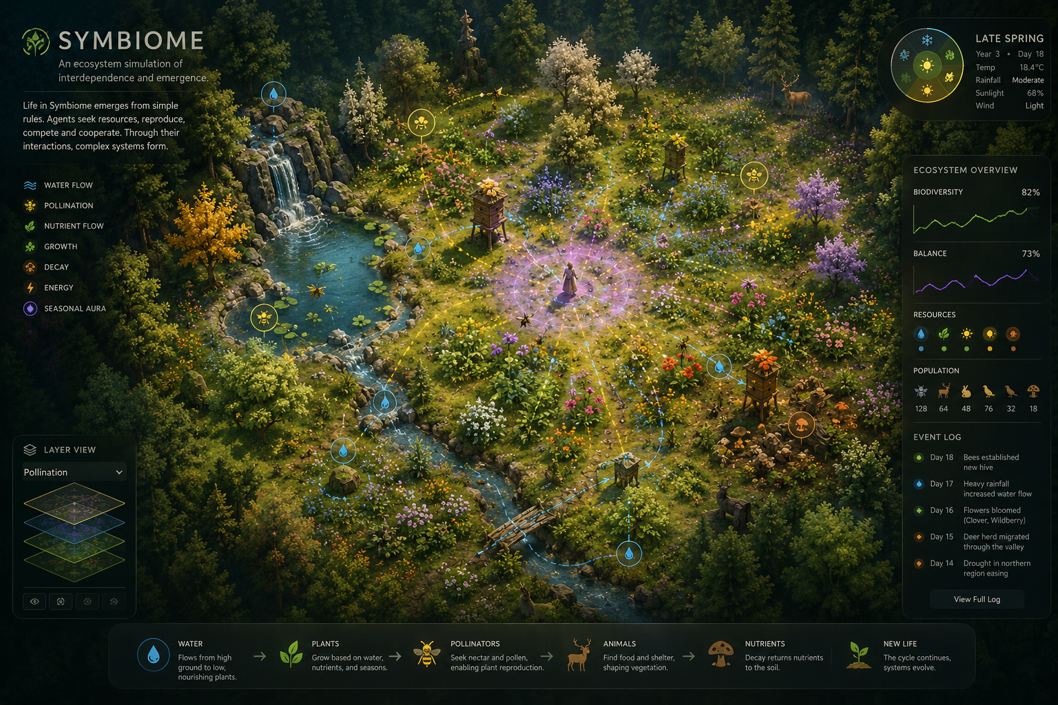 Symbiome meadow ecosystem interface showing resource flows, pollination, growth, agent populations, weather, and event log overlays.